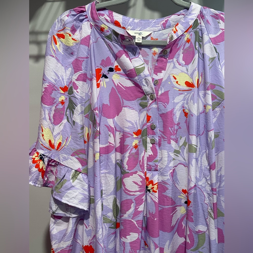 Terra & Sky Lavender Floral Button Front Dress with Red & Yellow Accents